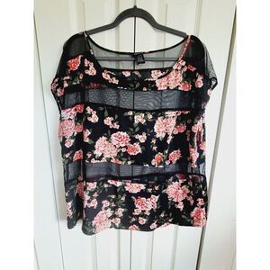 Torrid 1 Black Red Mesh Shirt Top Floral Size‎ 1X Semi Sheer Round Neck